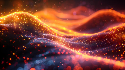 Wave of Technology, Cyberspace Connection Dynamic Futuristic  Abstract Background with Glowing Bokeh Lights, Shiny Digital Network Modern Cyber Concept, Vibrant Flow of Light.