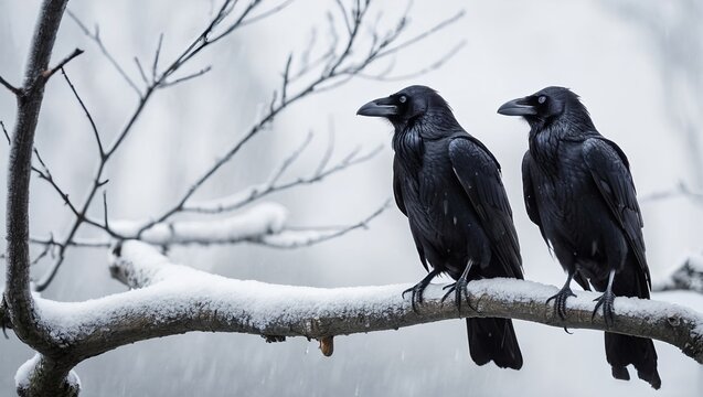 two passerine birds ravens on a tree in winter rain