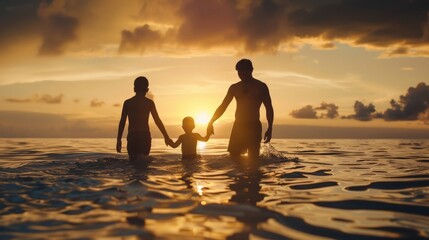 Silhouette family mother, father and young son holding hands, taking a swim in the sea for the first time the children over blurred beautiful - obrazy, fototapety, plakaty