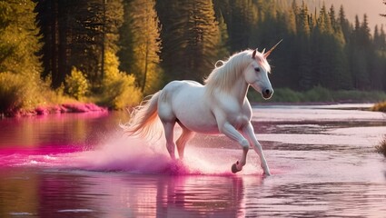 a unicorn run through a pink river