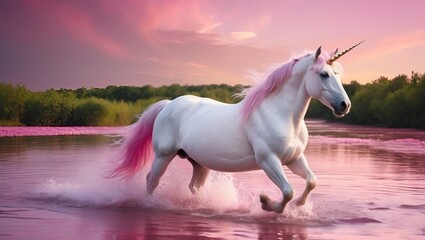 Obraz na płótnie Canvas a unicorn glides through a pink river