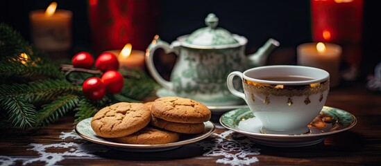 Fototapeta premium A wooden table is adorned with a cup of coffee and a plate of delicious cookies, creating a warm and inviting atmosphere for a festive tea time. The selective focus highlights the details of the
