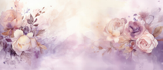 Abstract vintage watercolor wash pastel purple lilac and beige  flat texture with faded white rose flowers edge background