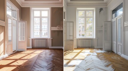 a A4 format split in two parts. The 2 parts show the same interior apartment, same view, same angle.  