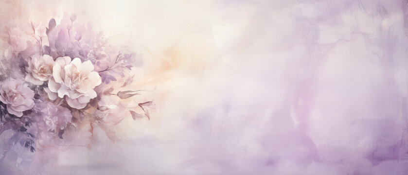 Abstract vintage watercolor wash pastel purple lilac and beige  flat texture with faded white rose flowers edge background created with Generative AI Technology