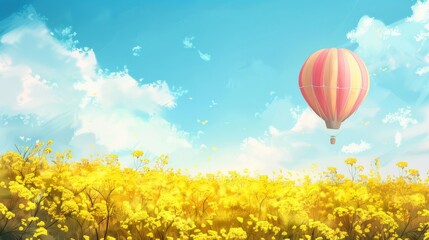 Spring blossom background. Hot air balloon over yellow flower fields against blue sky