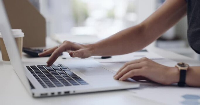 Hands of woman, hit or fists on computer for stress, depression or burnout in office. Frustrated, fail or worker smashing desktop technology or keyboard for anger, glitch error or disaster breakdown