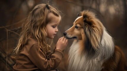 Childhood innocence meets canine companionship, a heartwarming sight that melts the heart.happy times.Shetland Sheepdog dog.
