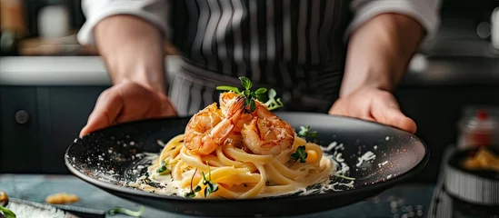 Poster A person is holding a black plate filled with fresh shrimp pasta in a creamy sauce. The dish looks delicious and inviting, with the pasta and shrimp glistening under the light. © AkuAku