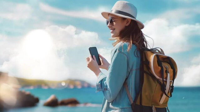 tourist woman using mobile phone by the sea panorama. seamless looping overlay 4k virtual video animation background