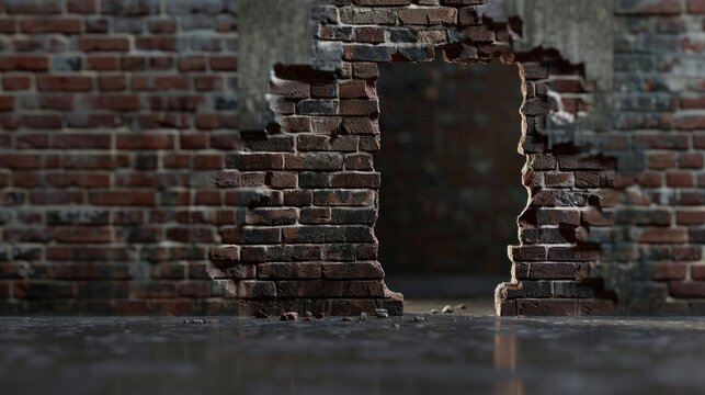 brick wall with an edge that fades to nothing with a large hole in it 