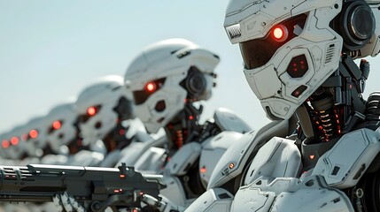 Line of White Robots with Futuristic Cyberpunk Style