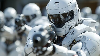 Line Up of White Robots in Hyper-Realistic Sci-Fi Style - obrazy, fototapety, plakaty