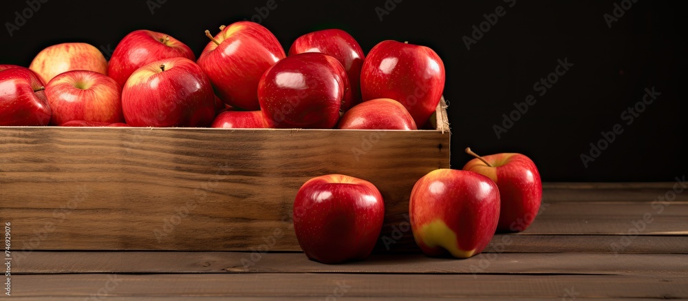 Poster a wooden box overflowing with bright red apples, neatly arranged in rows and stacked on top of each 