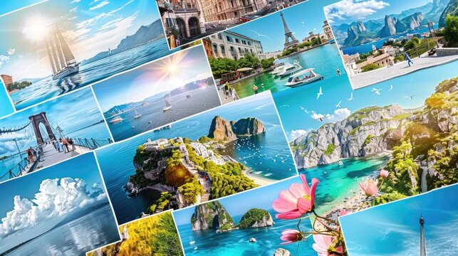 collage of travel photos from different parts of the world, travel website header  