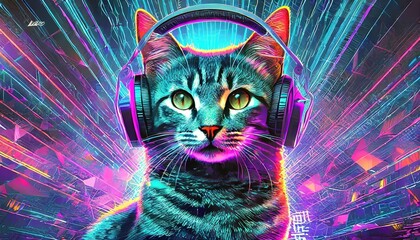 Illustration of a portrait of a cat wearing headphones.
