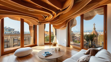 contemporary apartment interior, with gaudi inspired elements, wooden ceiling, histroic barcelona outside the window   - obrazy, fototapety, plakaty
