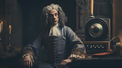  A photo of classical figure guy with wig listening to music in the room