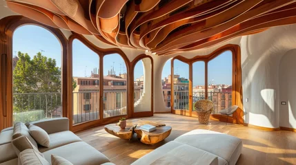 Fototapeten contemporary apartment interior, with gaudi inspired elements, wooden ceiling, histroic barcelona outside the window   © Sor