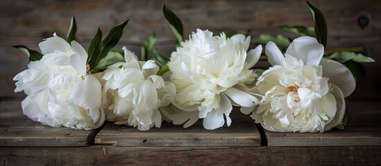 A collection of fresh white peonies in full bloom arranged neatly on a rustic wooden box. The white flowers contrast beautifully with the natural wood texture, creating a simple yet elegant display.