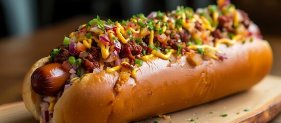 Delicious loaded hot dog on a rustic wooden board, perfect summer treat