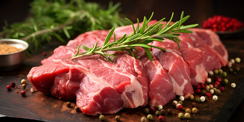 raw meat on a cutting board,Fresh raw pork chops with spices and herbs 