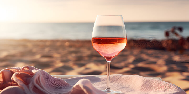  glass of red wine on the beach,Summer in Provence two glasses of cold wine on sandy beach near Saint Tropez
