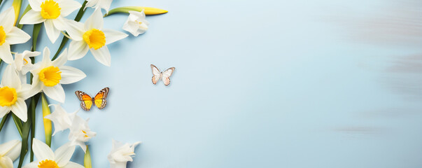 Yellow daffodils with butterflies flat lay background