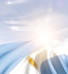 Argentina flag in waving in beautiful sky with sunlight. - obrazy, fototapety, plakaty