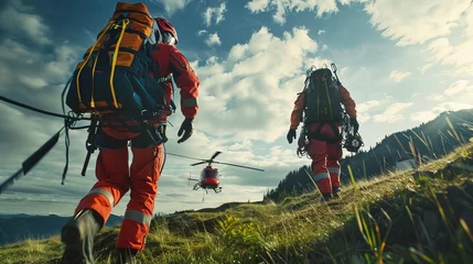Tuinposter Two paramedics with safety harnesses and climbing equipment running to helicopter emergency medical service. Themes of rescue, help and hope. © Sasint