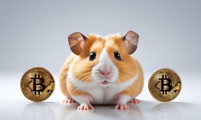 A guinea pig sits between two Bitcoin coins, symbolizing the intersection of pets and digital currency. The image playfully represents the unpredictable nature of cryptocurrency markets. AI Generative