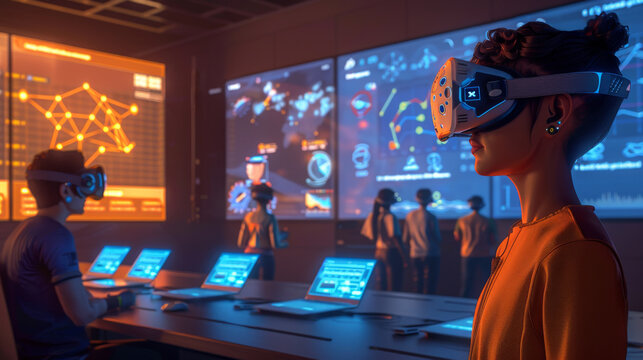 A virtual reality brainstorming space where participants represented by avatars collaboratively solve complex mathematical formulas
