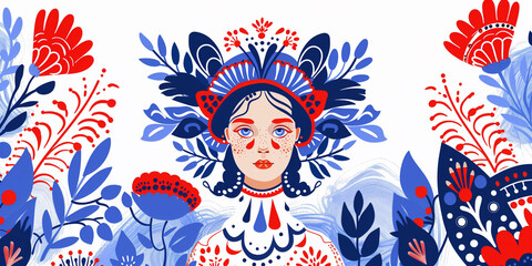 A flat vector illustration of a slavic woman in kokoshnik. Russian woman wearing a national headpiece. Slavic patterns and character.