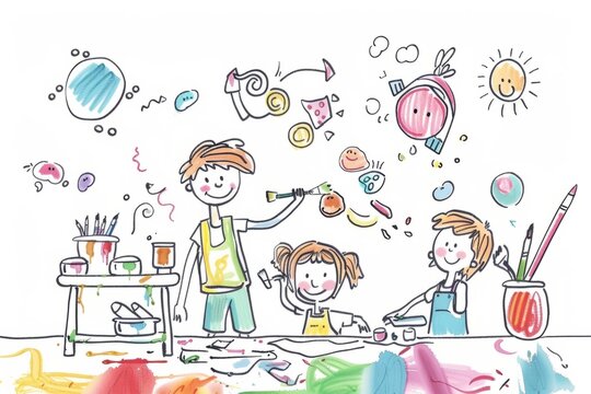 Cartoon cute doodles of children painting and creating art projects during arts and crafts time in kindergarten, Generative AI
