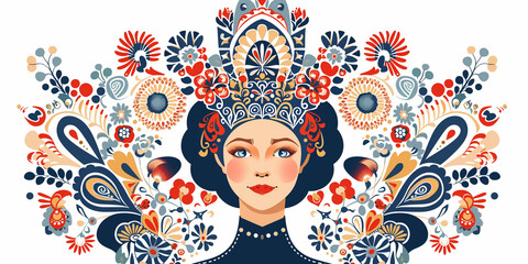 A flat vector illustration of a slavic woman in kokoshnik. Russian woman wearing a national headpiece. Slavic patterns and character.