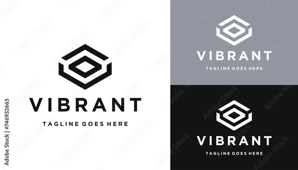 Poster modern initial letter o with arrow path hexagon line art logo design