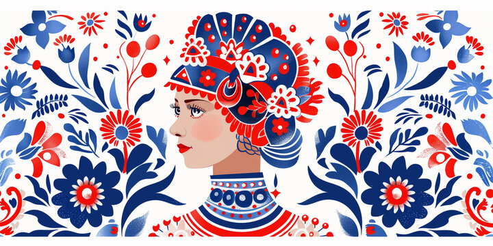 A flat vector illustration of a slavic woman in kokoshnik. Russian woman wearing a national headpiece. Slavic patterns and character.