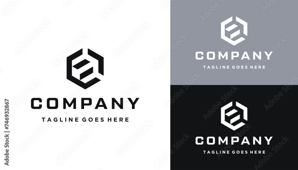 Poster modern initial letter c with arrow path hexagon line art logo design