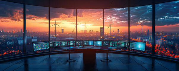 A high tech control room monitors the energy output of a city powered by windmills using predictive algorithms to ensure stability - obrazy, fototapety, plakaty