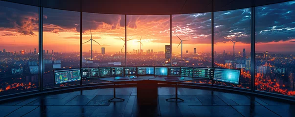 Foto op Plexiglas A high tech control room monitors the energy output of a city powered by windmills using predictive algorithms to ensure stability © Atomic62 Studio