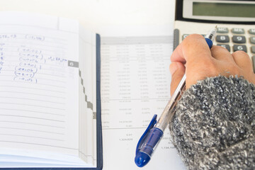 working woman with statement balance sheet accounting for business work arrangement flat lay style...