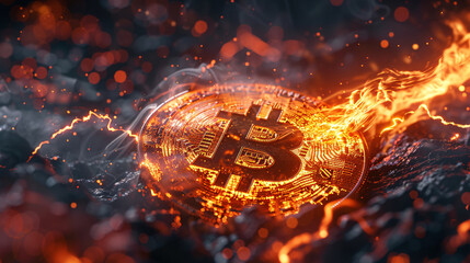 Digital Illustration Showcasing the Bitcoin Logo and Lightning Bolts, Illuminated by a Modern and Futuristic Design Aesthetic.