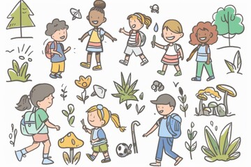 Cartoon cute doodles of children exploring nature and going on a nature walk with their kindergarten class, Generative AI