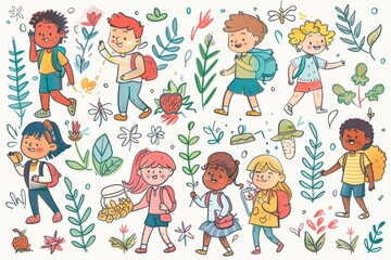 Cartoon cute doodles of children exploring nature and going on a nature walk with their kindergarten class, Generative AI