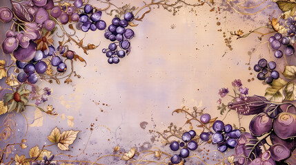 Purple berries arranged on a vintage shabby chic background with soft, distressed textures. Muted tones and gentle light create a romantic, timeless atmosphere. Ideal for themes of shabby chic decor, 