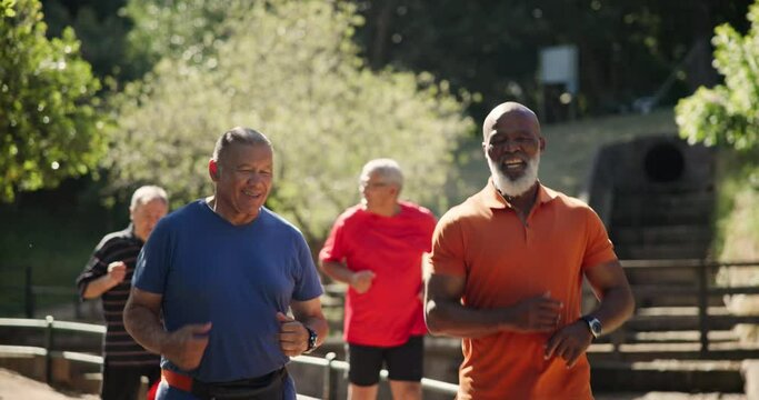 Fitness, nature and senior men running in outdoor park for race, competition or marathon training. Sports, exercise and group of elderly male people with cardio workout in field or garden for health.
