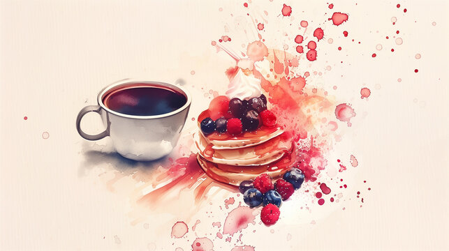 Watercolor painting of pancakes with berries. Illustration of breakfast.