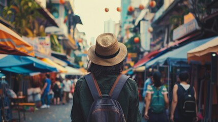 Obraz premium Young Asian traveling backpacker at outdoor market in Bangkok, Thailand
