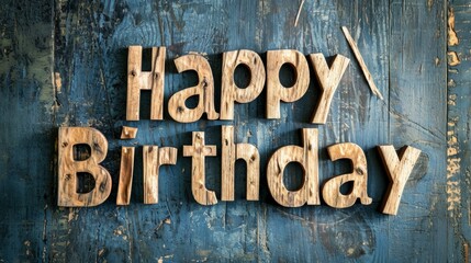 Wooden Shou Sugi Ban Happy Birthday concept creative horizontal art poster. Photorealistic textured words Happy Birthday on artistic background. Ai Generated Congratulations Horizontal Illustration.