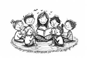 Cartoon cute doodles of a kindergarten teacher reading a storybook to a group of children sitting on a cozy rug, Generative AI
